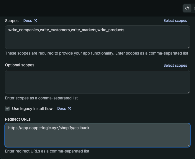 Step 4: Enable legacy install flow + redirect URL, then Release